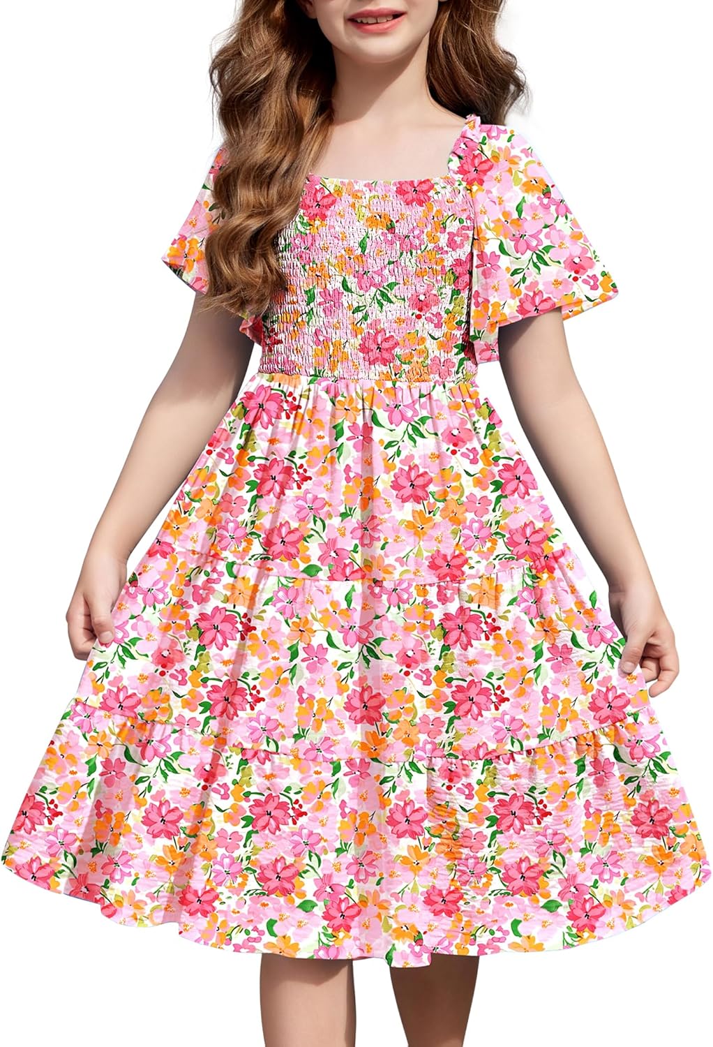 Arshiner Girls Summer Dress Tween Boho Casual Ruffle Midi Dress