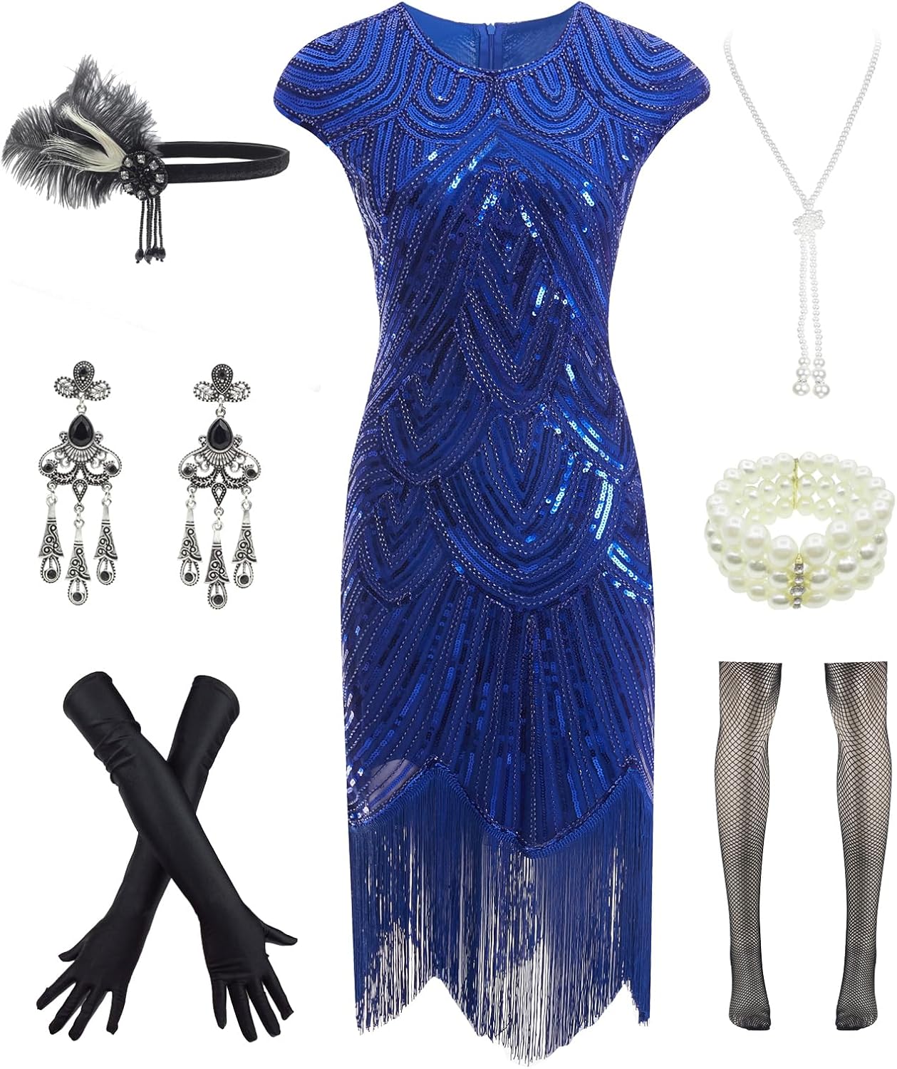 Vintage Lace Fringed Gatsby 1920s Cocktail Dress with Accessories