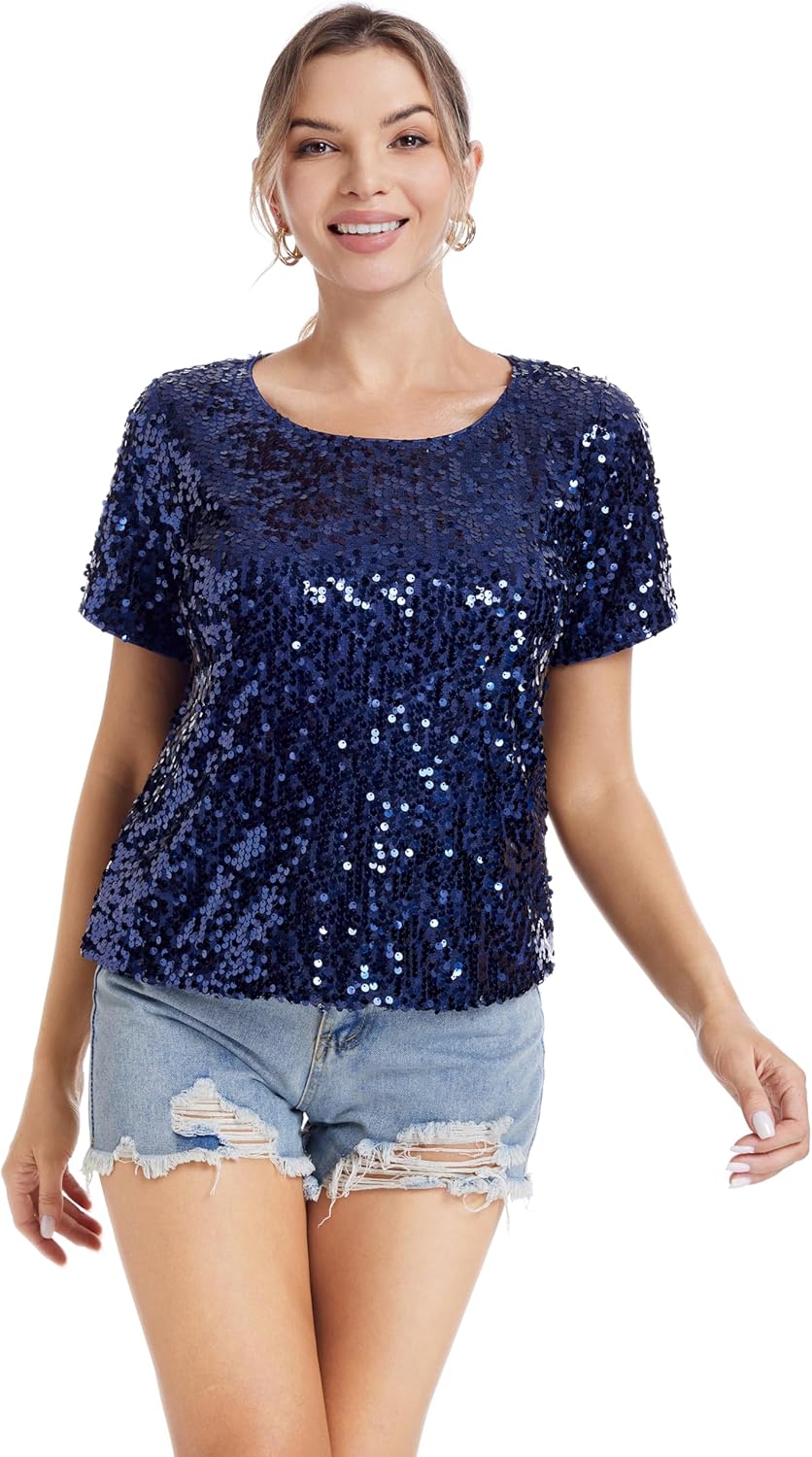 Womens Full Sequin Sparkle Tops for Disco Party and Nights Out