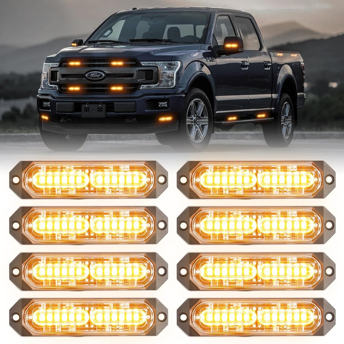 8-Pcs Amber LED Strobe Grille Lights for Emergency Vehicles