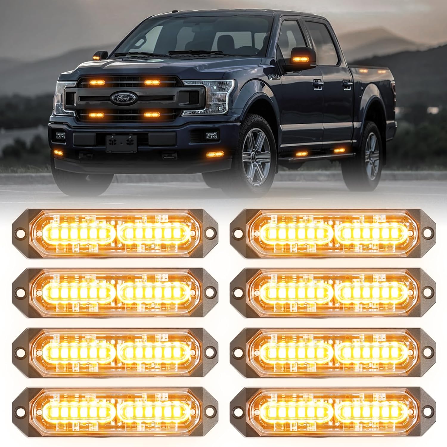 8-Pcs Amber LED Strobe Grille Lights for Emergency Vehicles