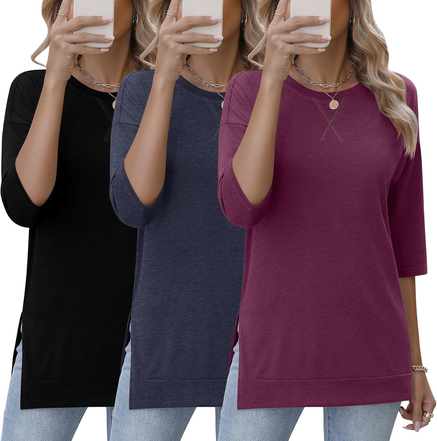 3 Pack 3/4 Length Sleeve Women's Tops with Side Slit Design