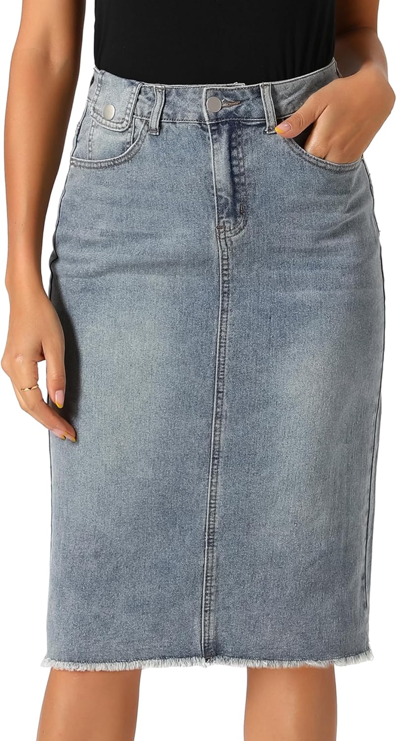 Allegra K Women's Casual Jean Skirt High Waist Back Slit Style