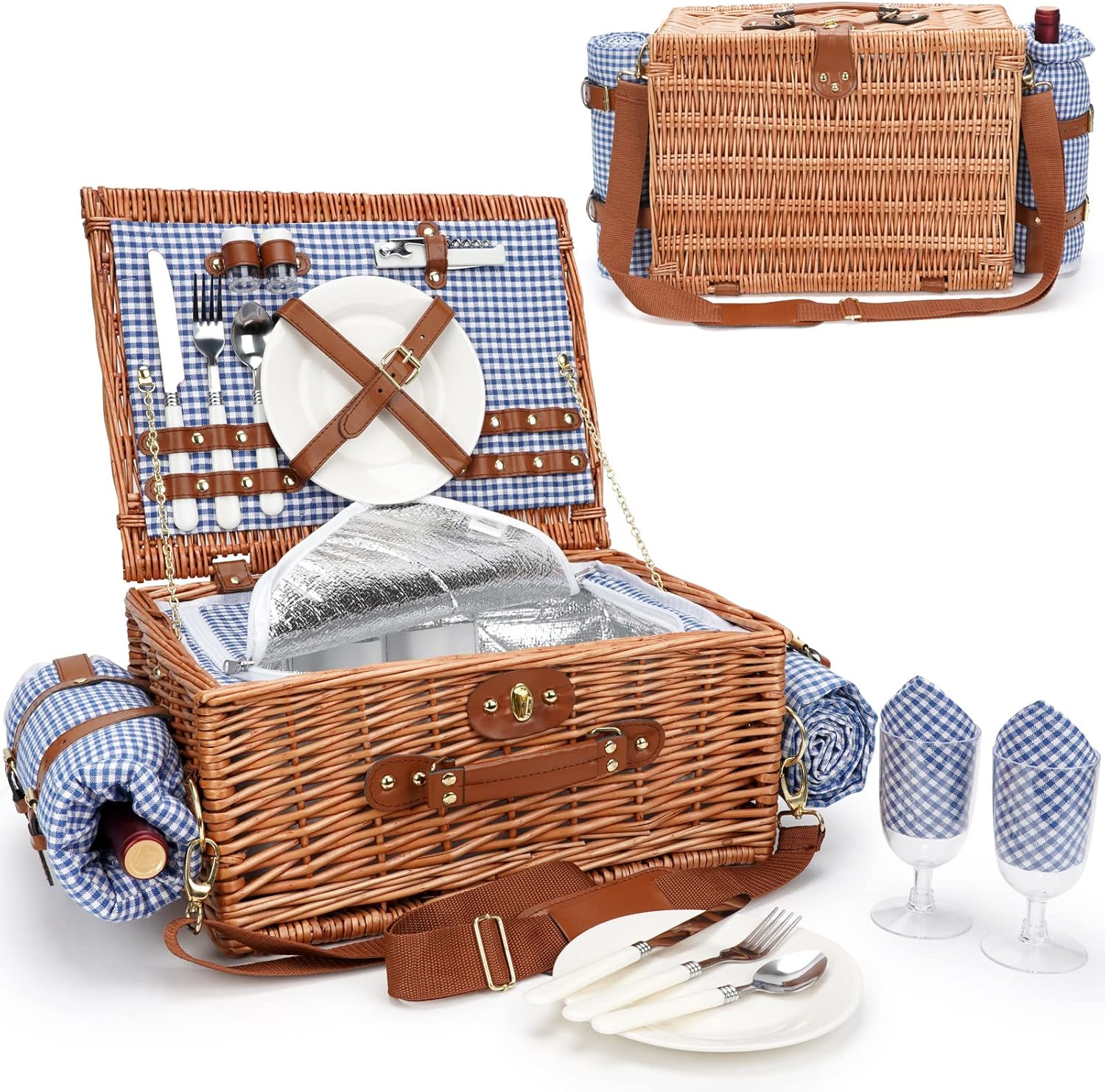 Picnic Baskets for 2 with Waterproof Blanket and Cooler Compartment