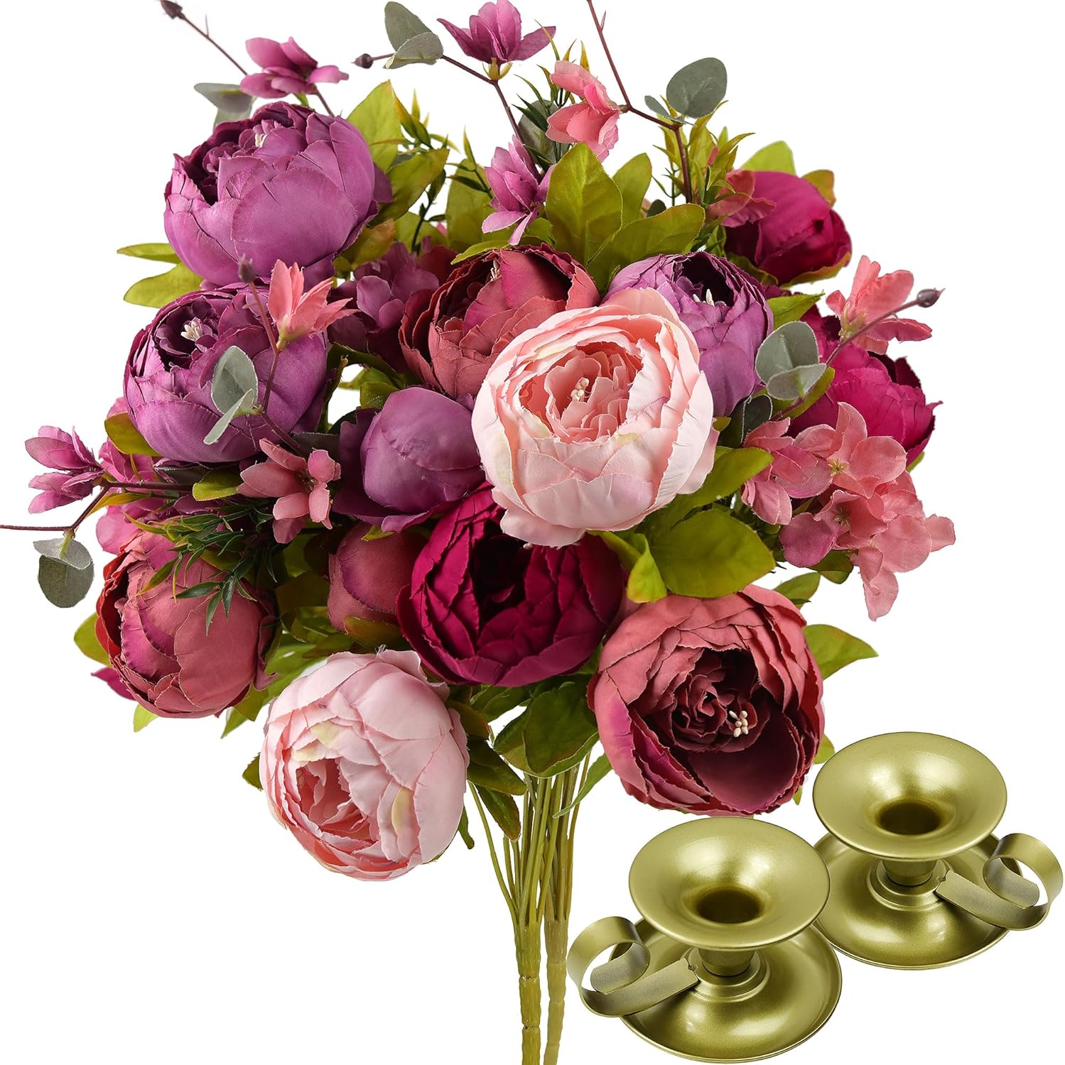 Mystic Blush Silk Peony & Hydrangea Bouquet with Candle Holders