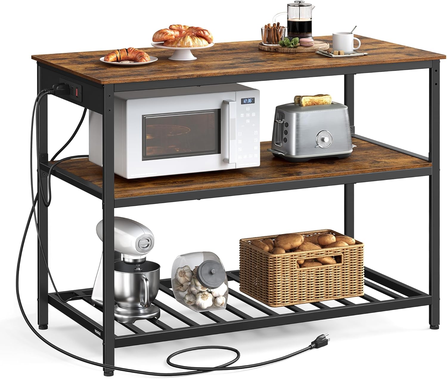 VASAGLE Kitchen Island with Power Strip and 3 Shelves for Storage