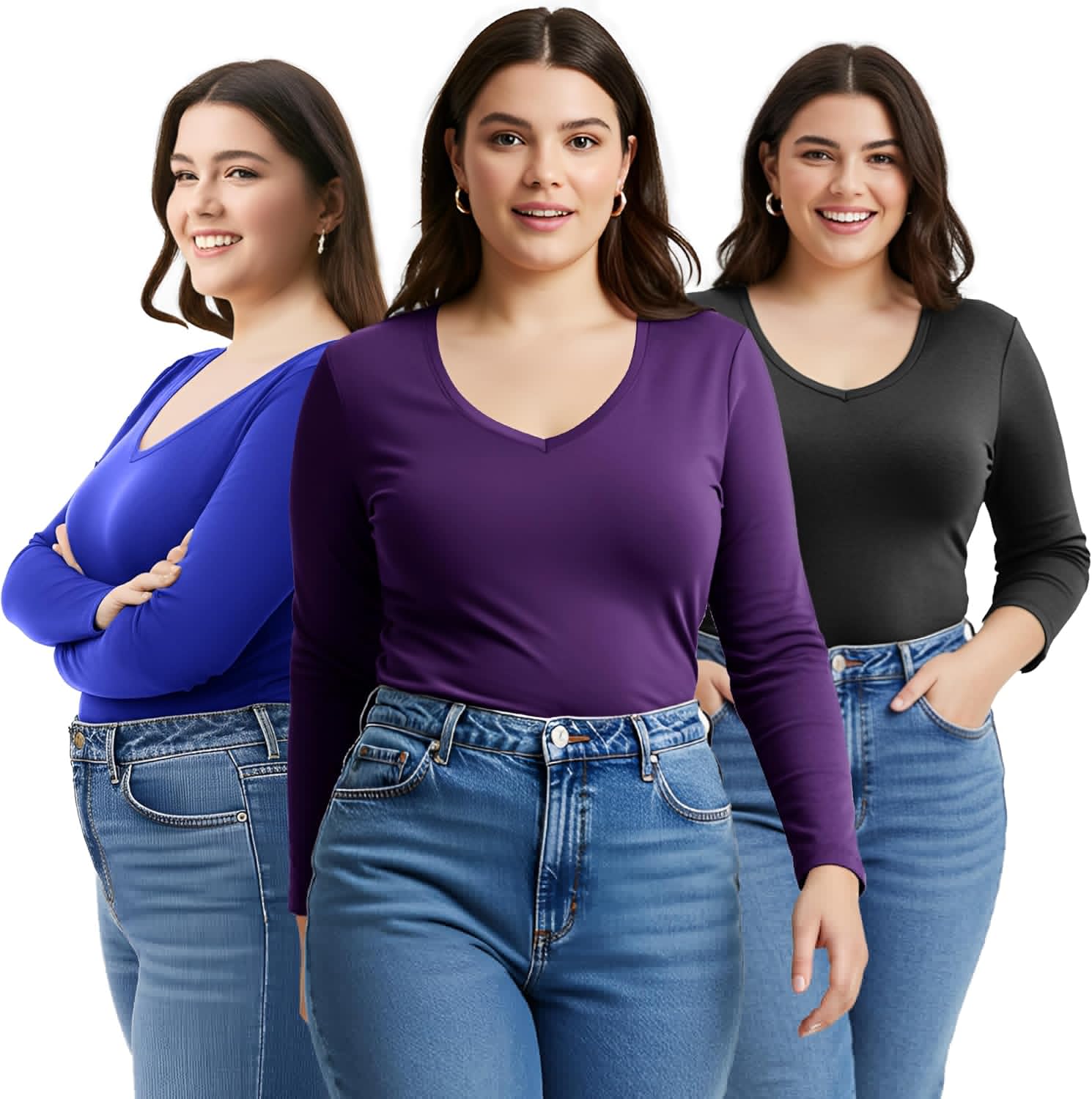Emmalise Women's Junior Plus Size Vneck Long Sleeve Tee Shirt