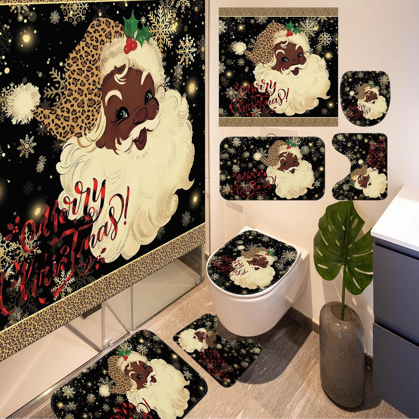 Black Afro Santa Christmas Shower Set: Festive Chic