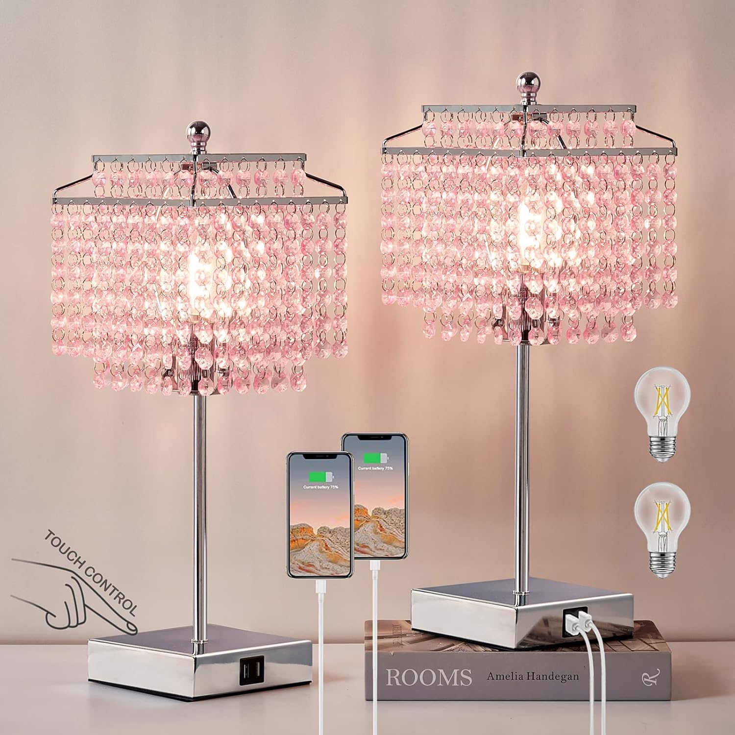 Elegant Touch Control Pink Crystal Table Lamp Set for Bedroom