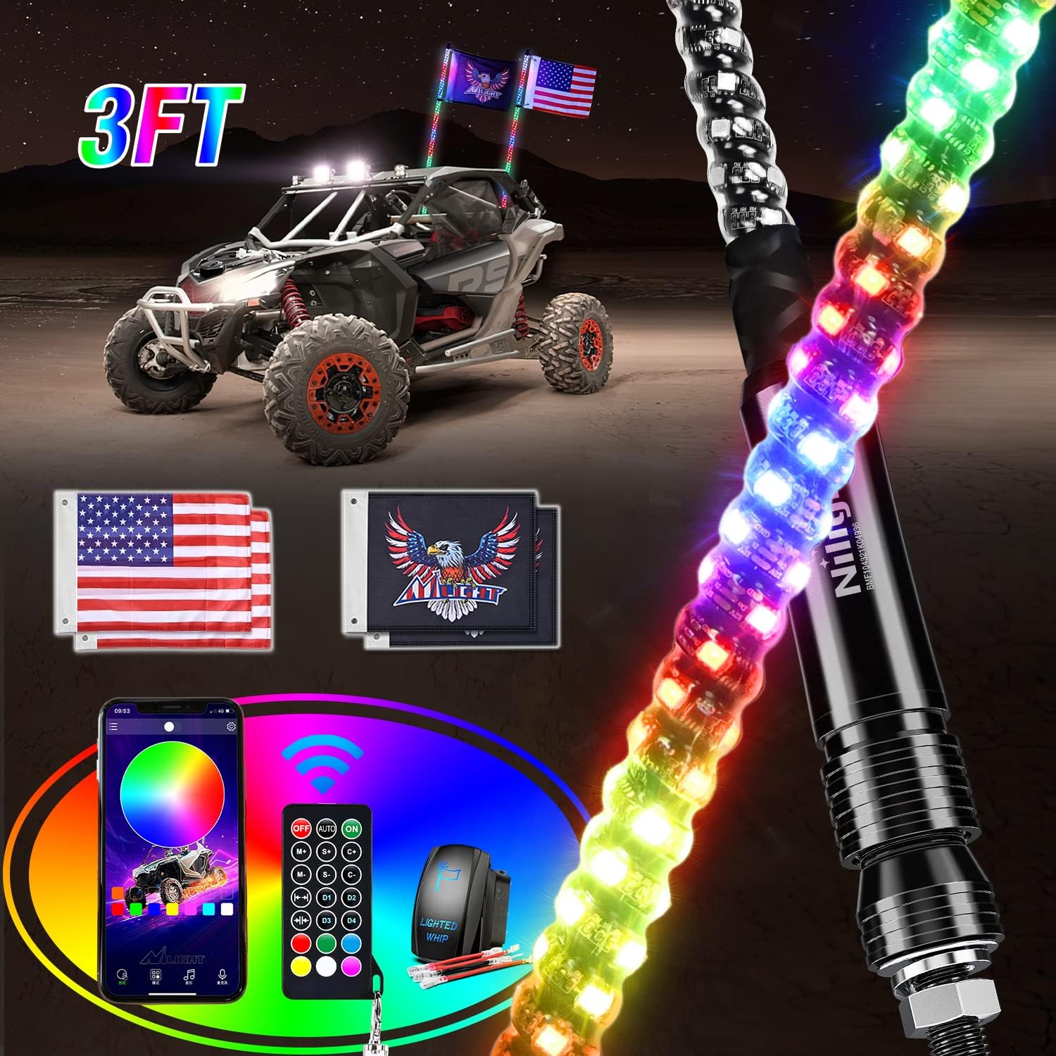 Nilight 3FT RGB LED Whip Light for ATV UTV with Remote Control