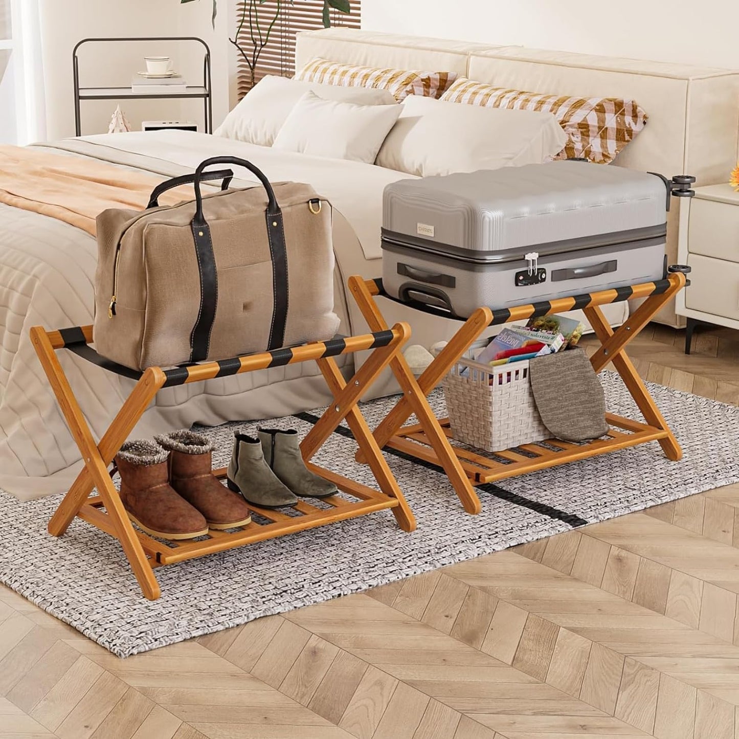 Pack of 2 Fully Assembled Bamboo Luggage Racks with Shoe Shelf