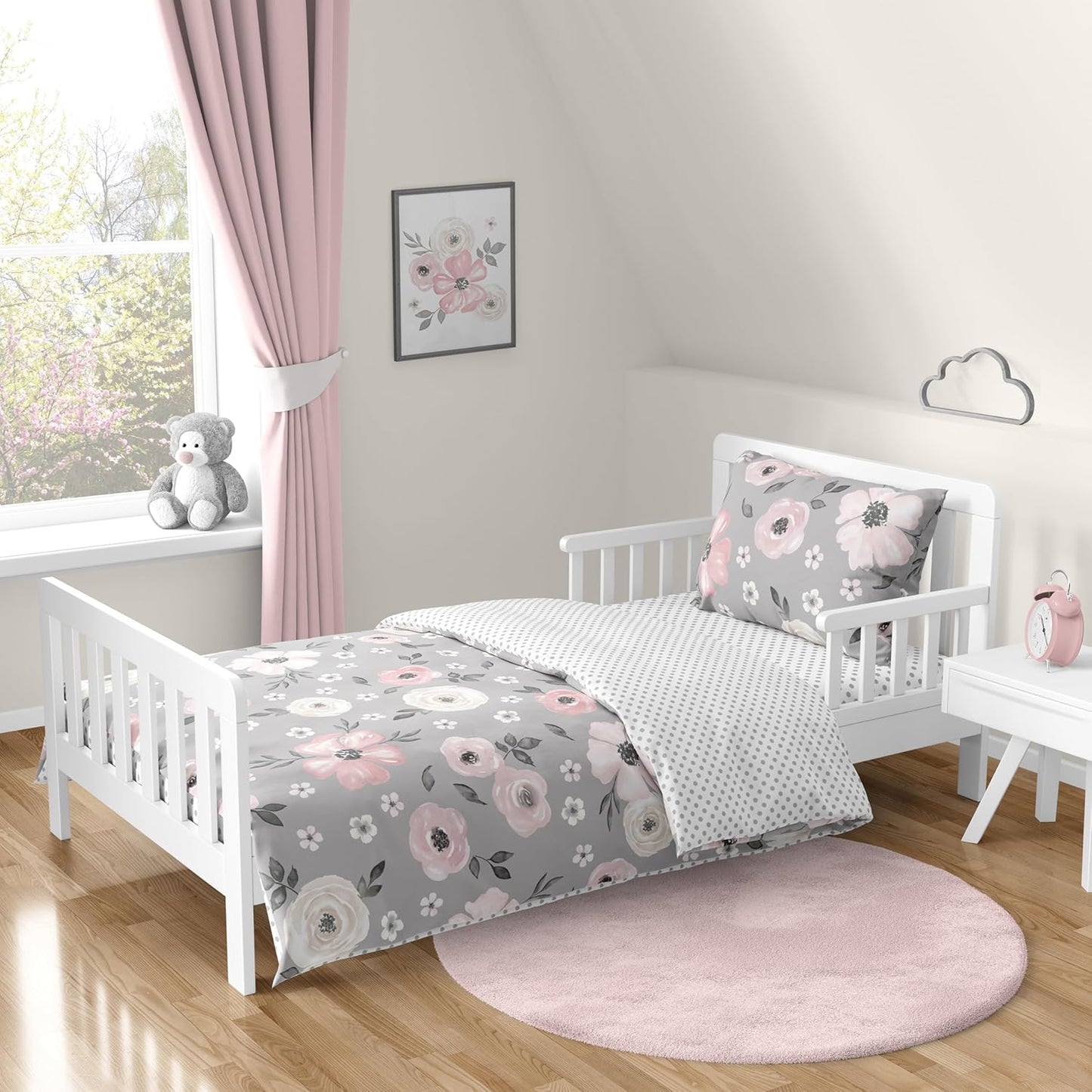 Grey Watercolor Floral Toddler Comforter Set for Kids Bedding