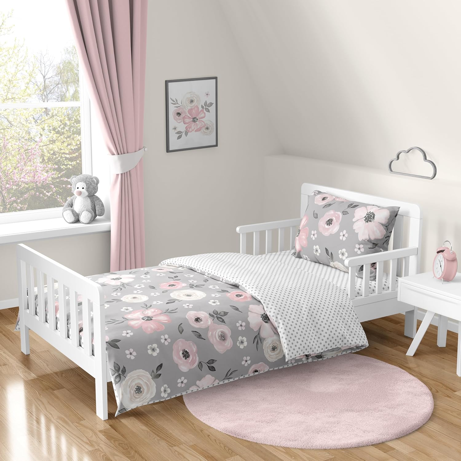 Grey Watercolor Floral Toddler Comforter Set for Kids Bedding