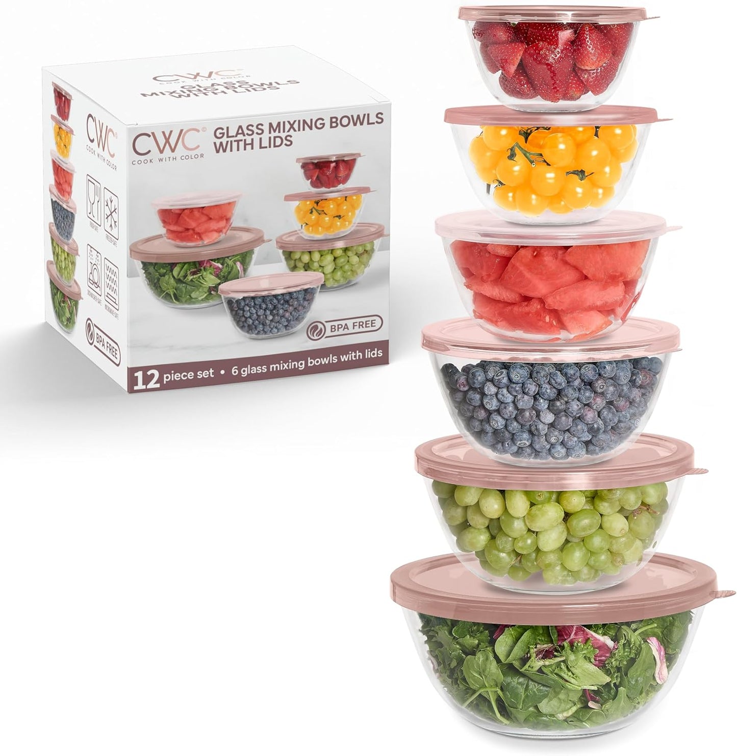 COOK WITH COLOR 12 Pc Glass Mixing Bowl Set for Meal Prep