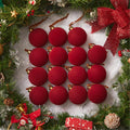 Red Velvet Christmas Balls 15 Pcs - Luxurious Flocked Tree Ornaments