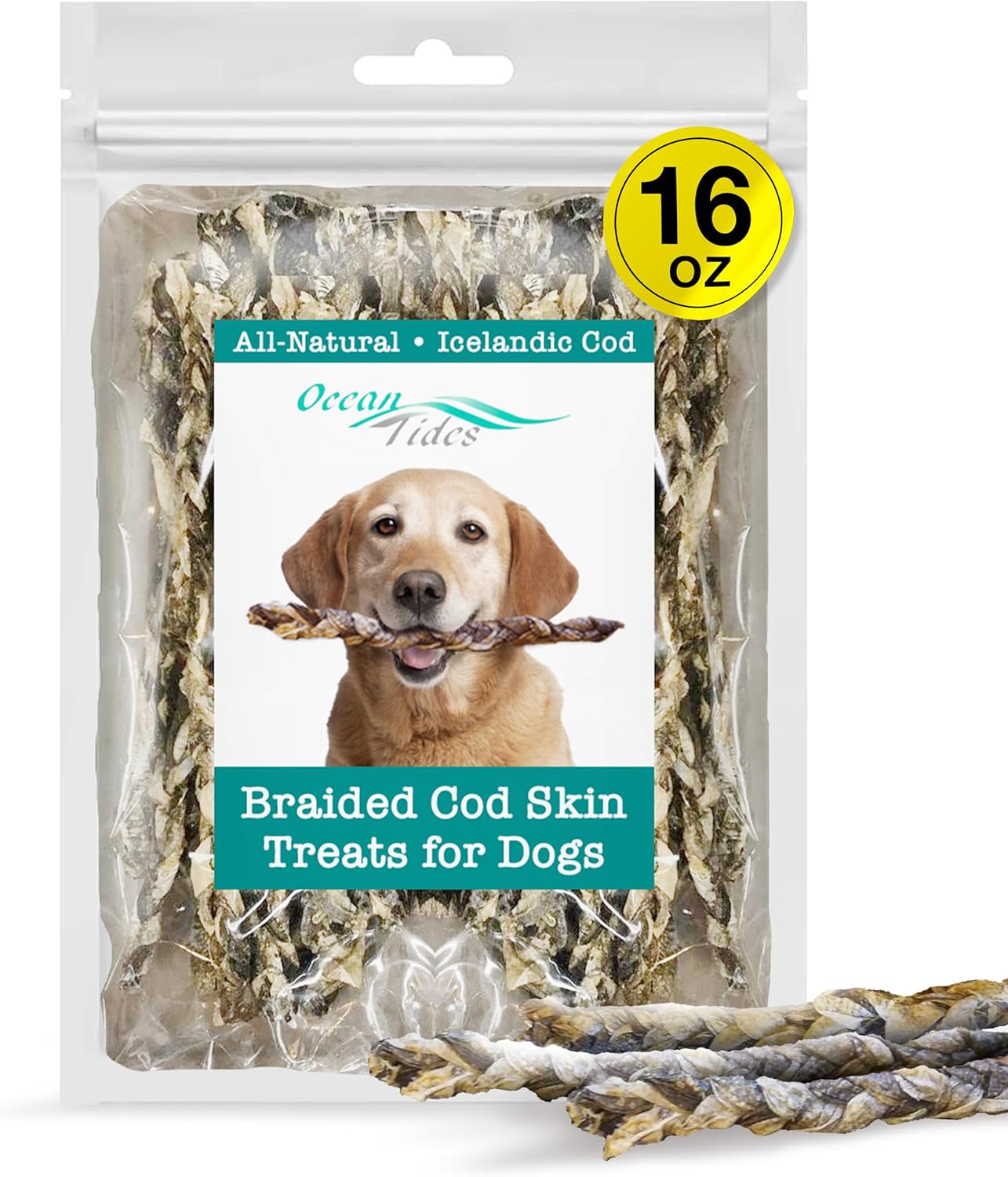 Ocean Tides Braided Cod Skins for Dogs and Cats - 16 oz Treats