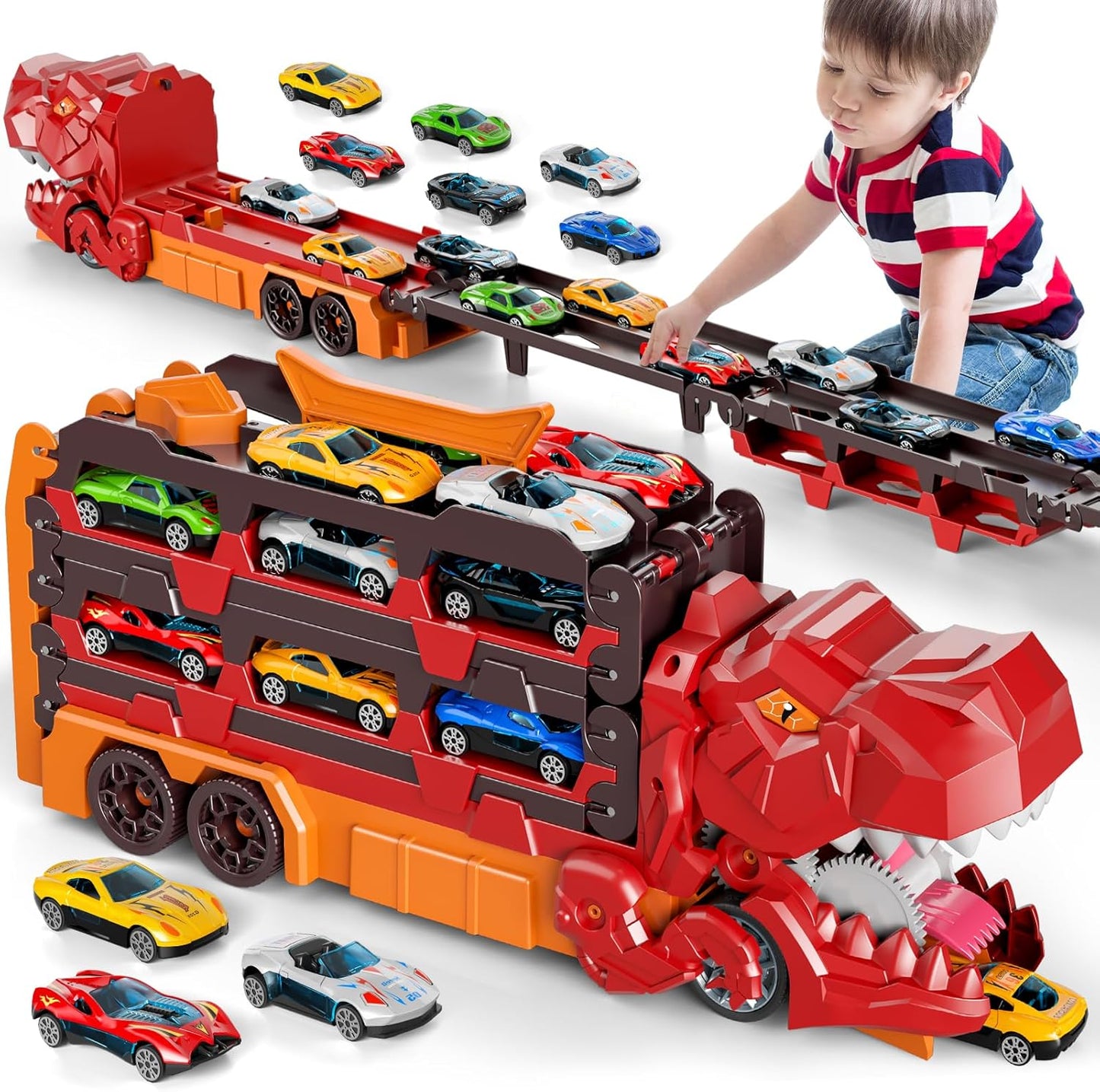 Dinosaur Race Track Toy with Transport Truck for Kids Ages 3-6