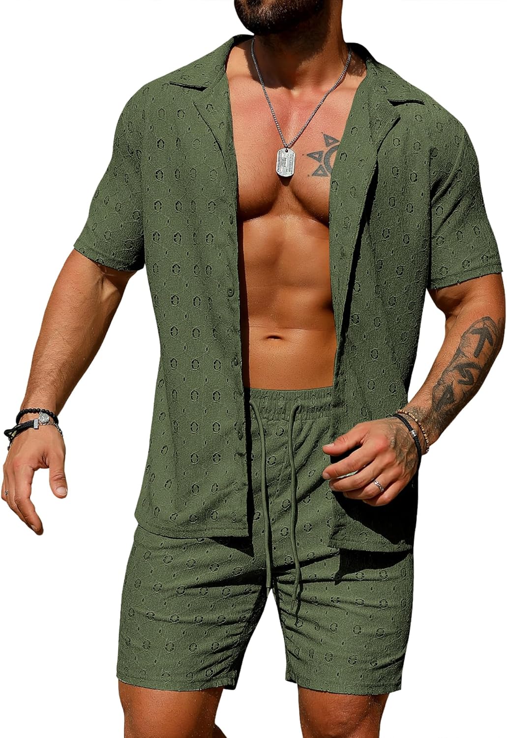 URRU Men's Summer Beach Set with Sheer Floral Lace Design