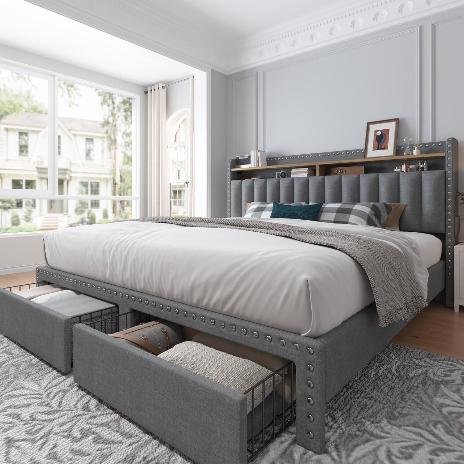 EnHomee Queen Size Bed Frame with Storage Drawers and Headboard
