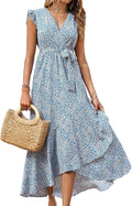 Summer Floral Maxi Dress Wrap V Neck Ruffle Sleeve - Flowy Beach Dress