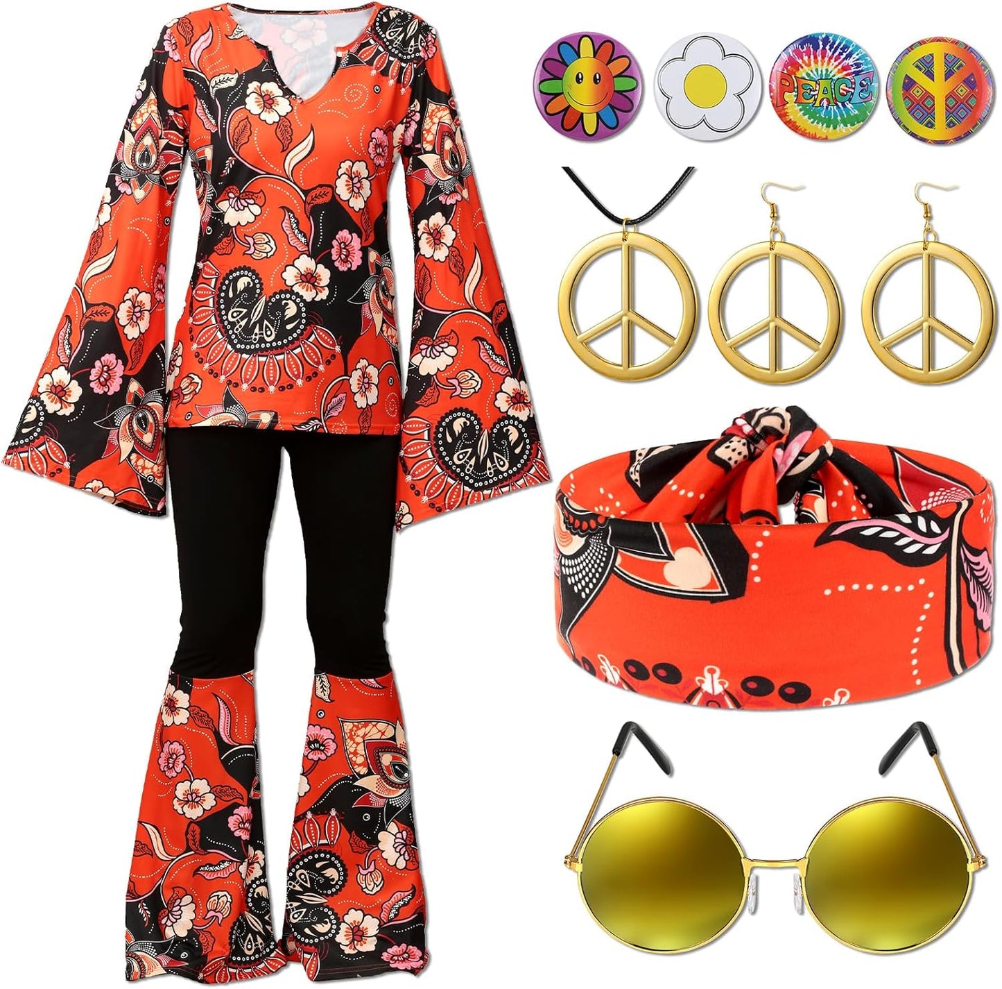 17Pcs 60s 70s Hippie Costume Set for Women with Accessories