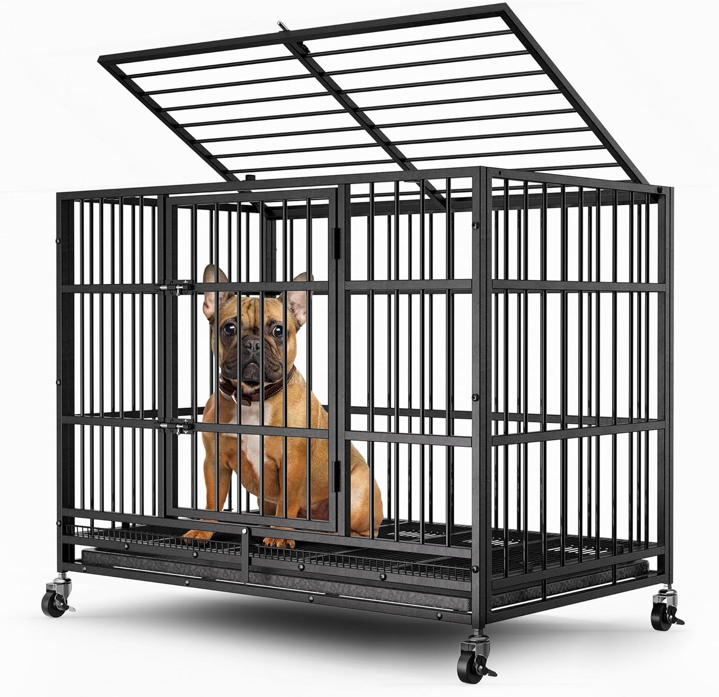 38in Heavy Duty Dog Crate for Small Dogs with Lockable Wheels