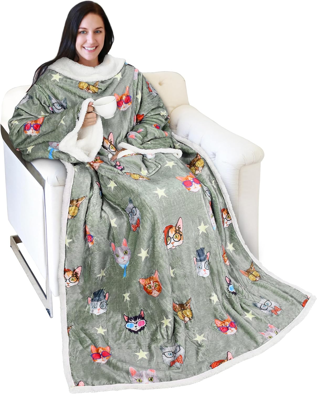 Catalonia Cat & Dog Print Sherpa Wearable Blanket for Cozy Comfort