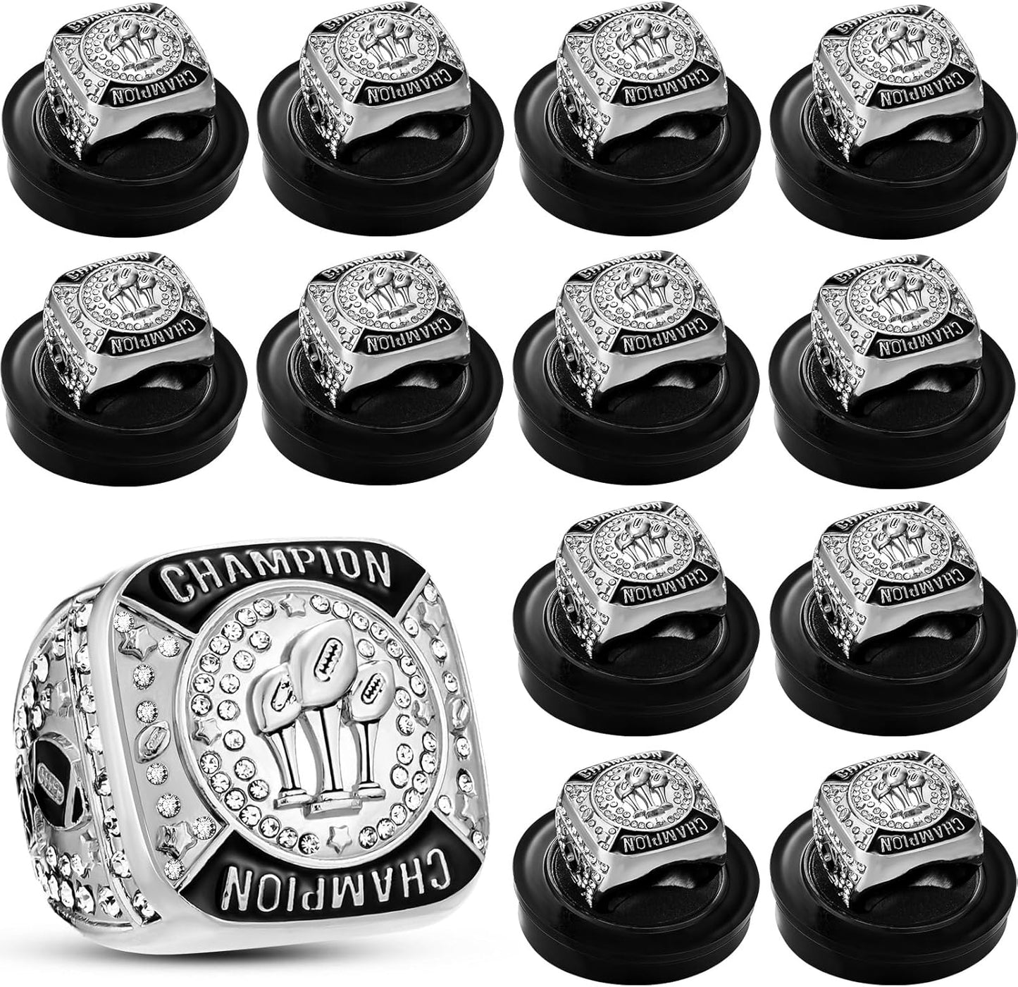 12 Pack Fantasy Football Championship Rings with Display Stands
