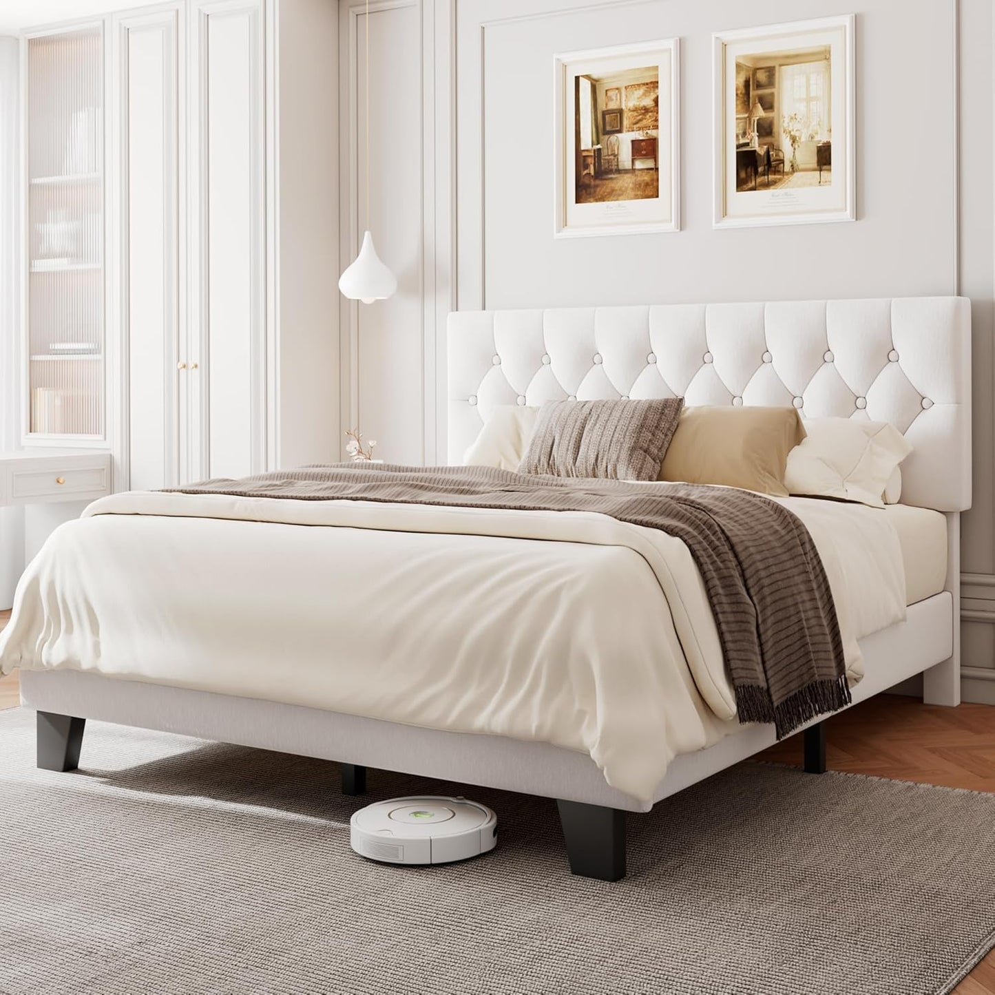 Queen Upholstered Bed Frame with Button Tufted Headboard