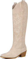 White Cowgirl Boots for Women Knee High Wide Calf - Chunky Heel