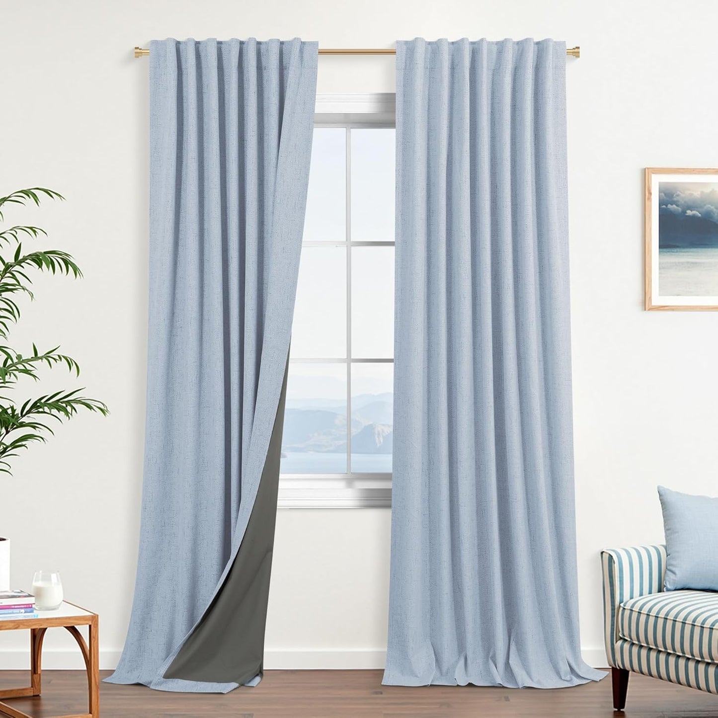 KOUFALL Light Blue Back Tab Linen Blackout Curtains for Home