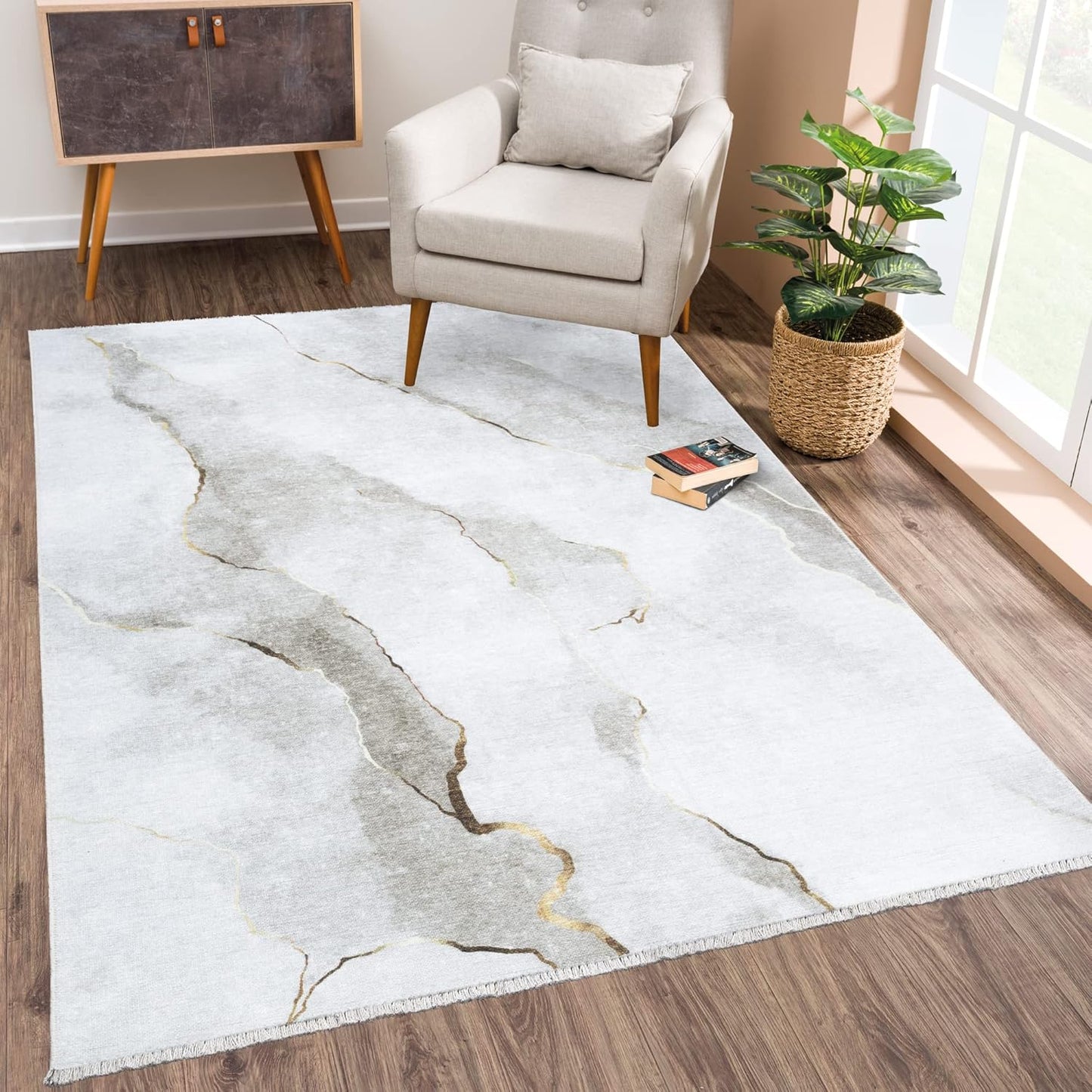 Caria Washable Non-Slip 8x10 Rug - Ivory/Gold Modern Abstract