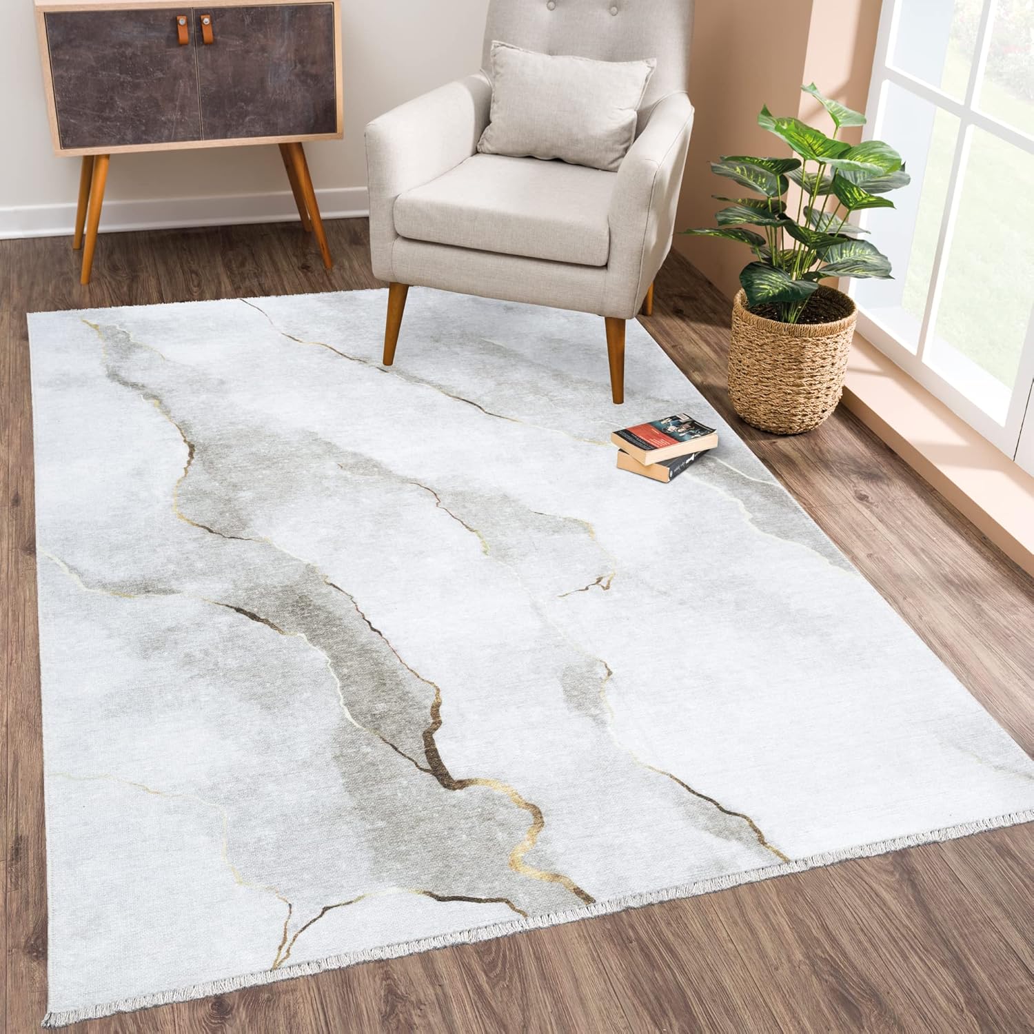 Caria Washable Non-Slip 8x10 Rug - Ivory/Gold Modern Abstract