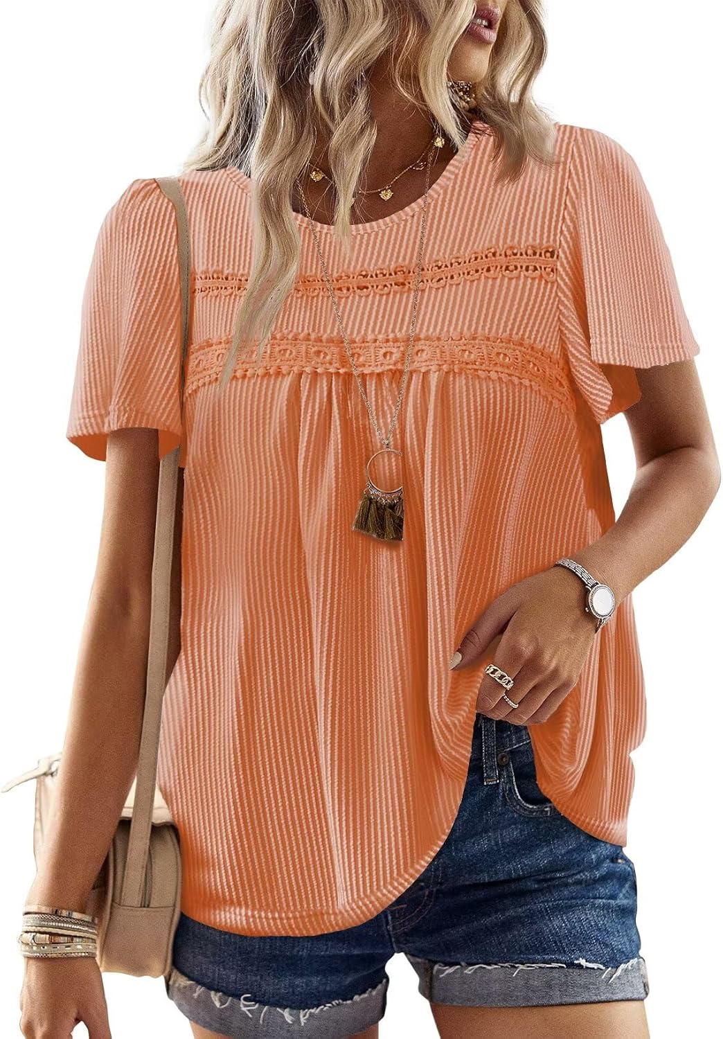 Womens Summer Tops Crewneck Short Sleeve Striped Shirts Casual