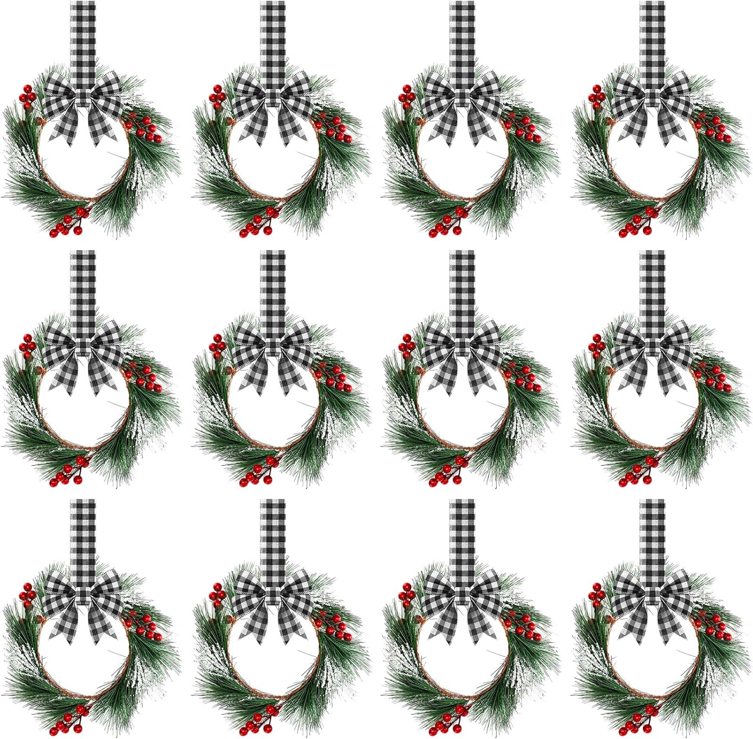 12 Pcs Mini Christmas Wreaths for Kitchen Decor with Ribbon