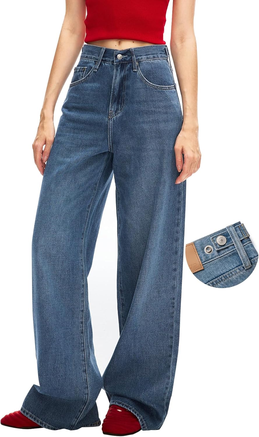 Women's Adjustable Baggy Jeans with Snap-Button Waistband