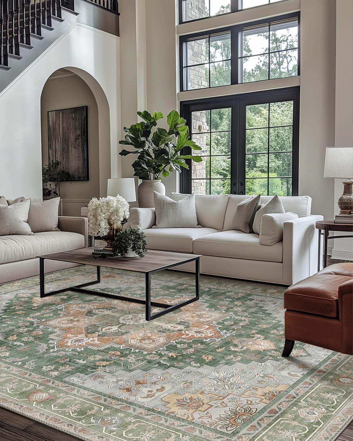 Area Rugs for Living Room 8x10 Machine Washable Emerald Green
