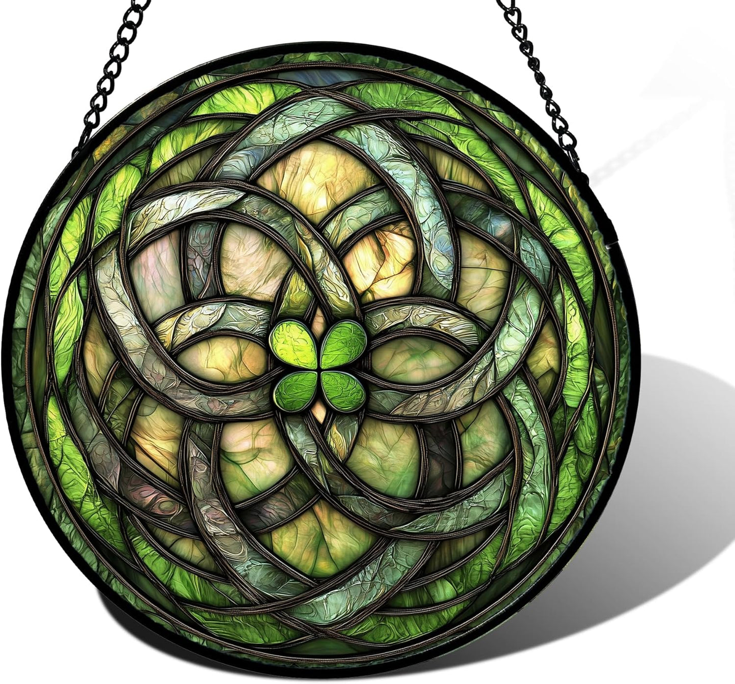Stained Glass Window Hanging Abstract Green Clover Sun Catcher