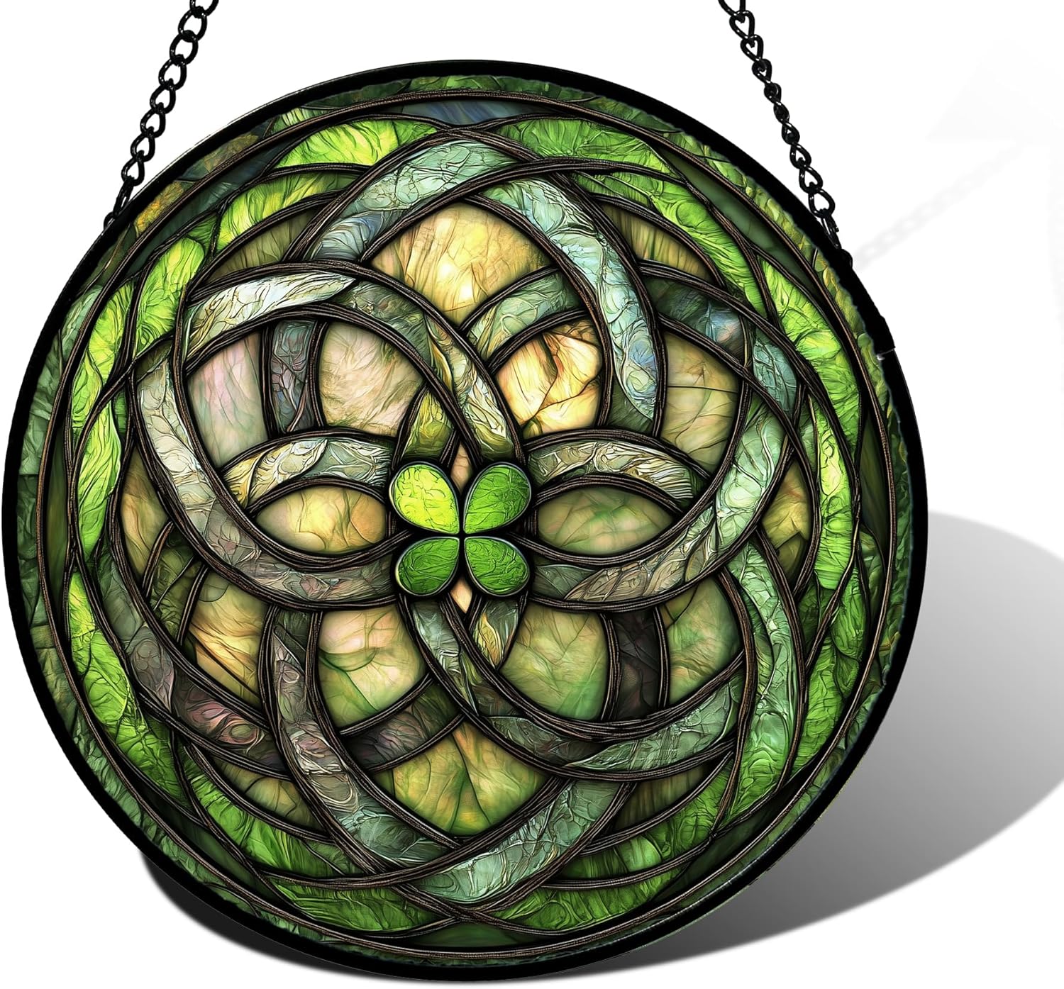 Stained Glass Window Hanging Abstract Green Clover Sun Catcher