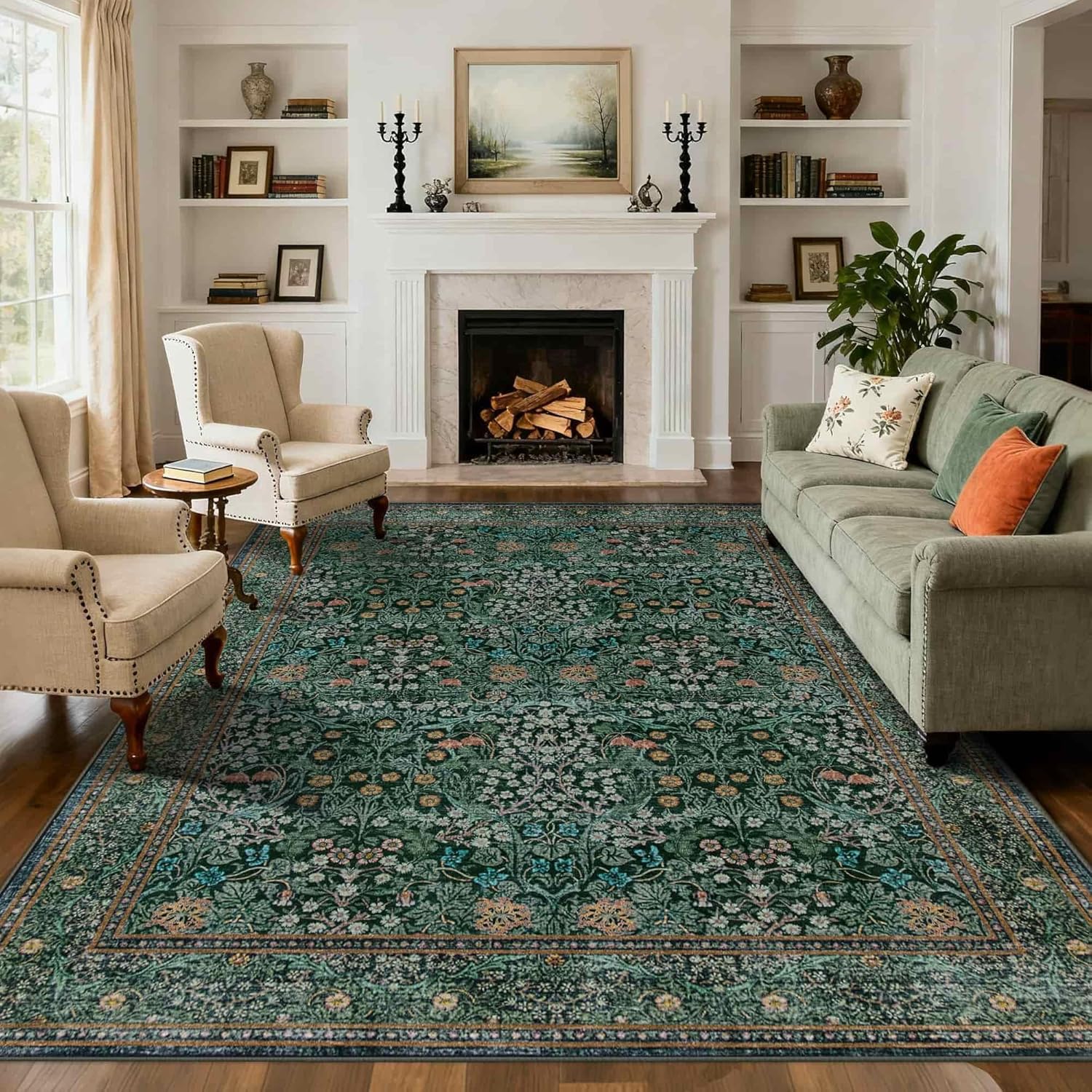 8x10 Area Rugs for Living Room - Vintage Boho Green Floral Rug