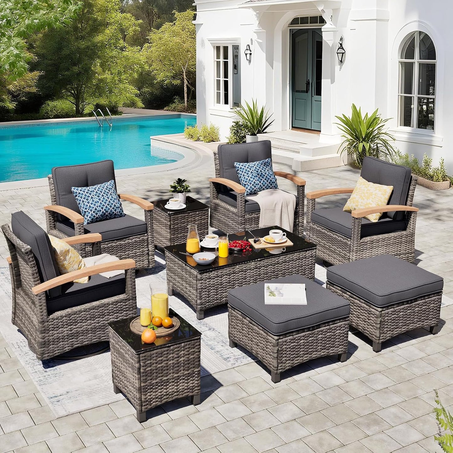 9 Pieces Outdoor Patio Furniture Set with Swivel Rocker Chairs