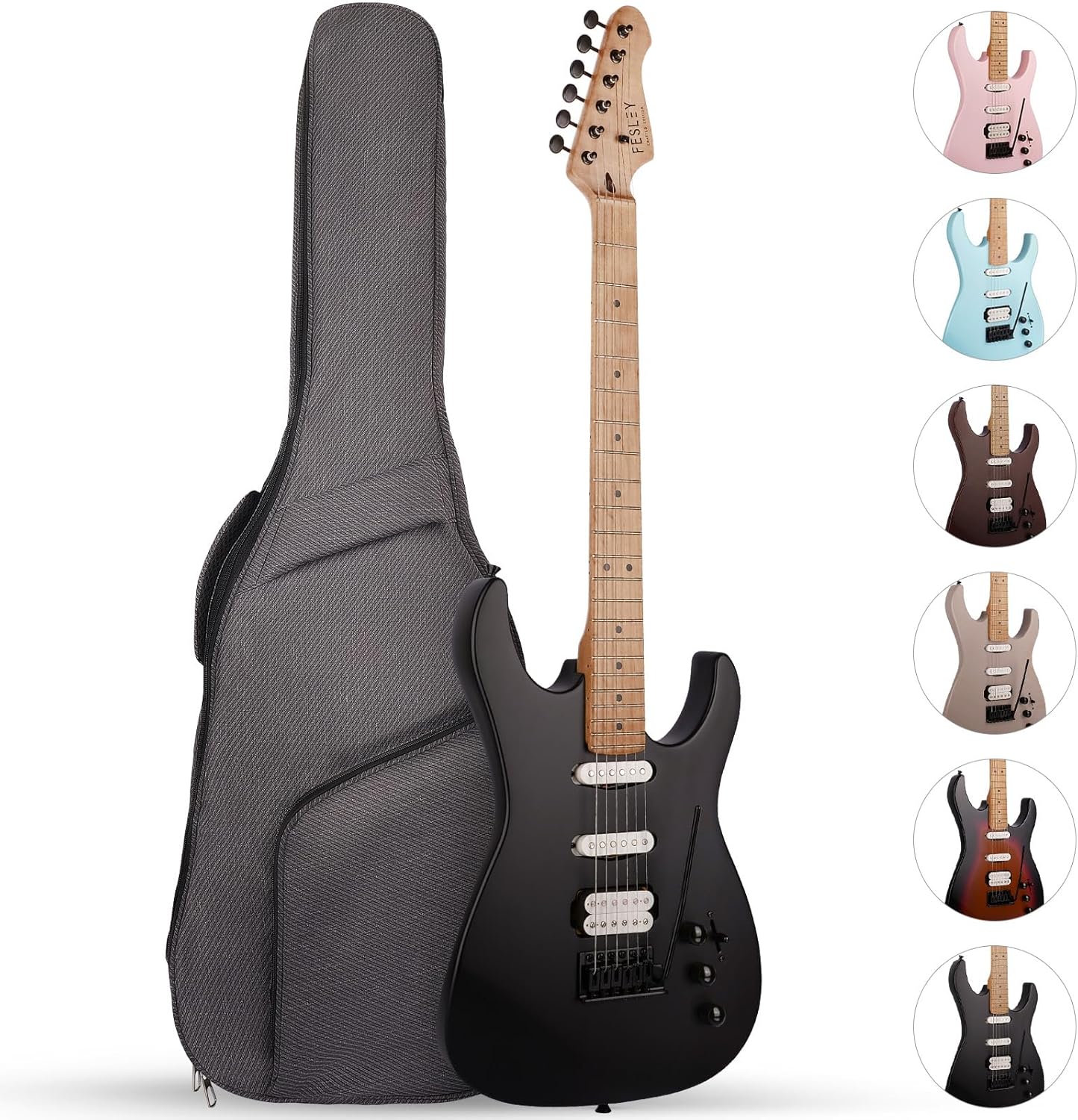 Fesley 39 Electric Guitar Kit for Beginners, HSS Pickup, Morandi Black