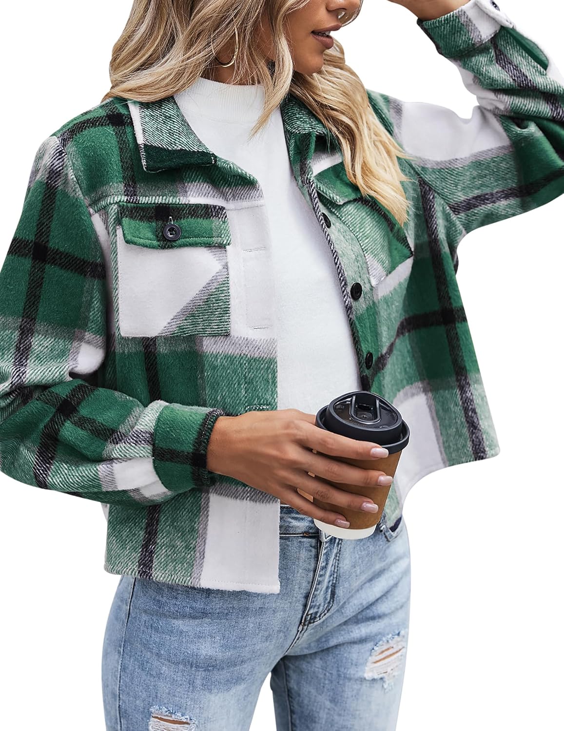 Stylish Cropped Flannel Shacket Jacket for Women in Plaid