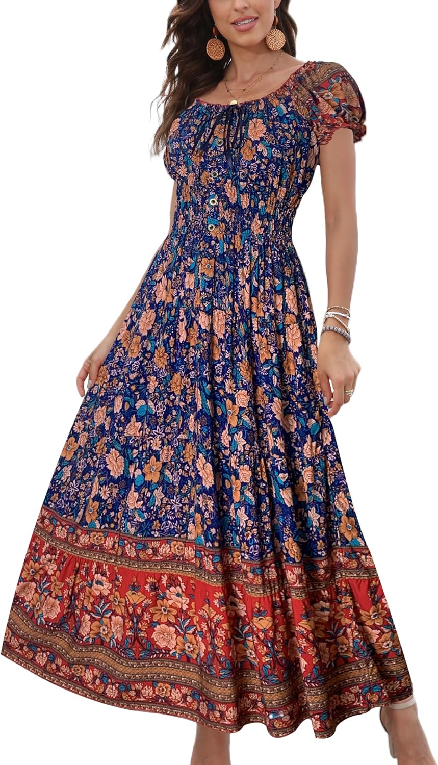 OSTOO Women's Boho Floral Print Tiered Maxi Dress for Summer