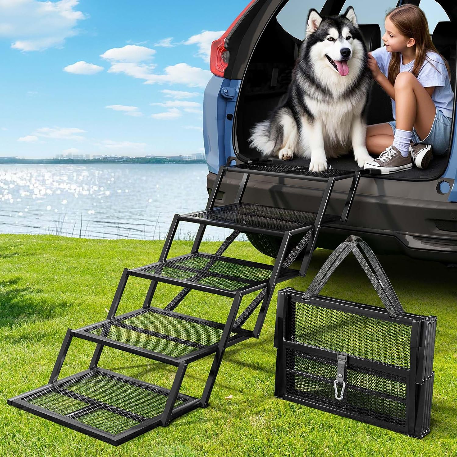 Dog Stairs for Large Dogs with Extra Wide 20in Steps and Safety