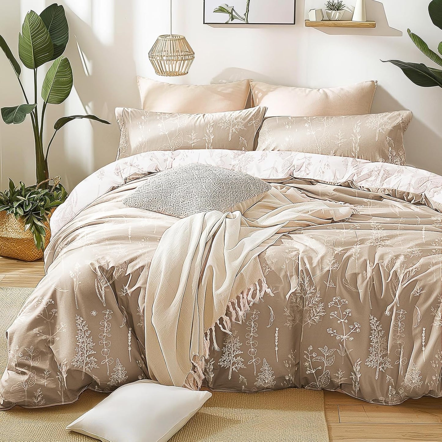 Light Taupe Twin Comforter Set - Soft Reversible Floral Bedding