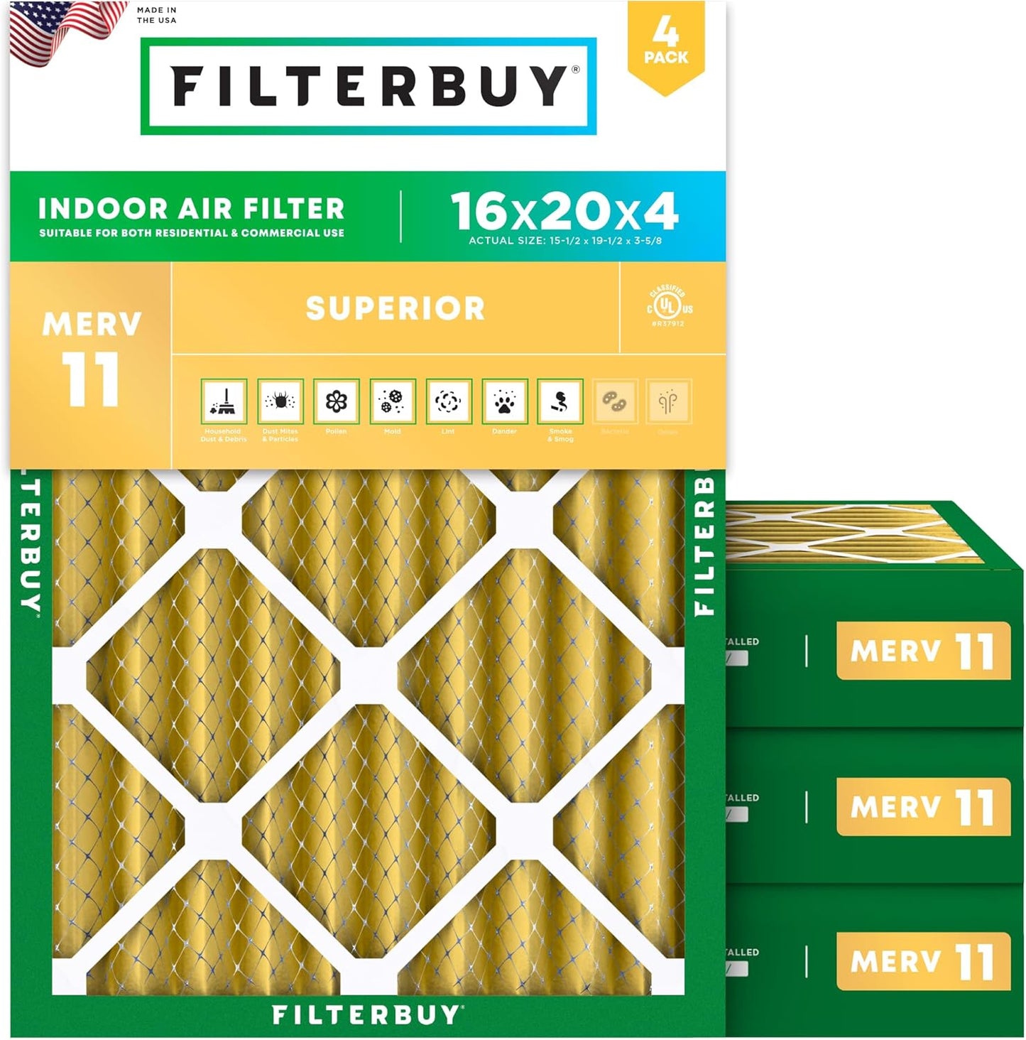 Filterbuy 16x20x4 Air Filter MERV 11 for Pet & Allergy Defense