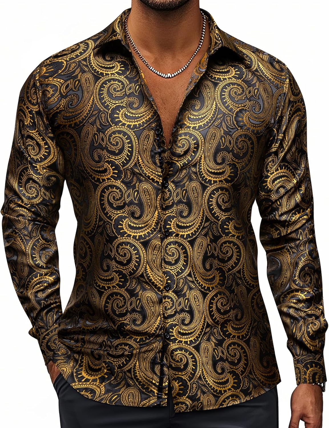Hi-Tie Silk Mens Paisley Dress Shirts for Any Occasion