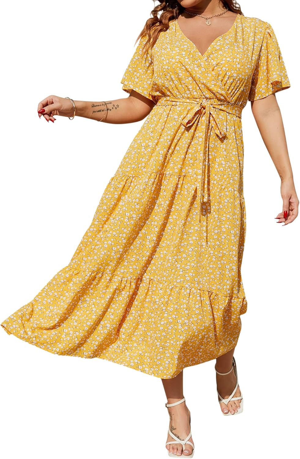 Plus Size V Neck Wrap Maxi Dress for Women with Ruffles