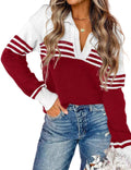 CiCiBird Women Fall V Neck Color Block Polo Sweater - Cozy Layering